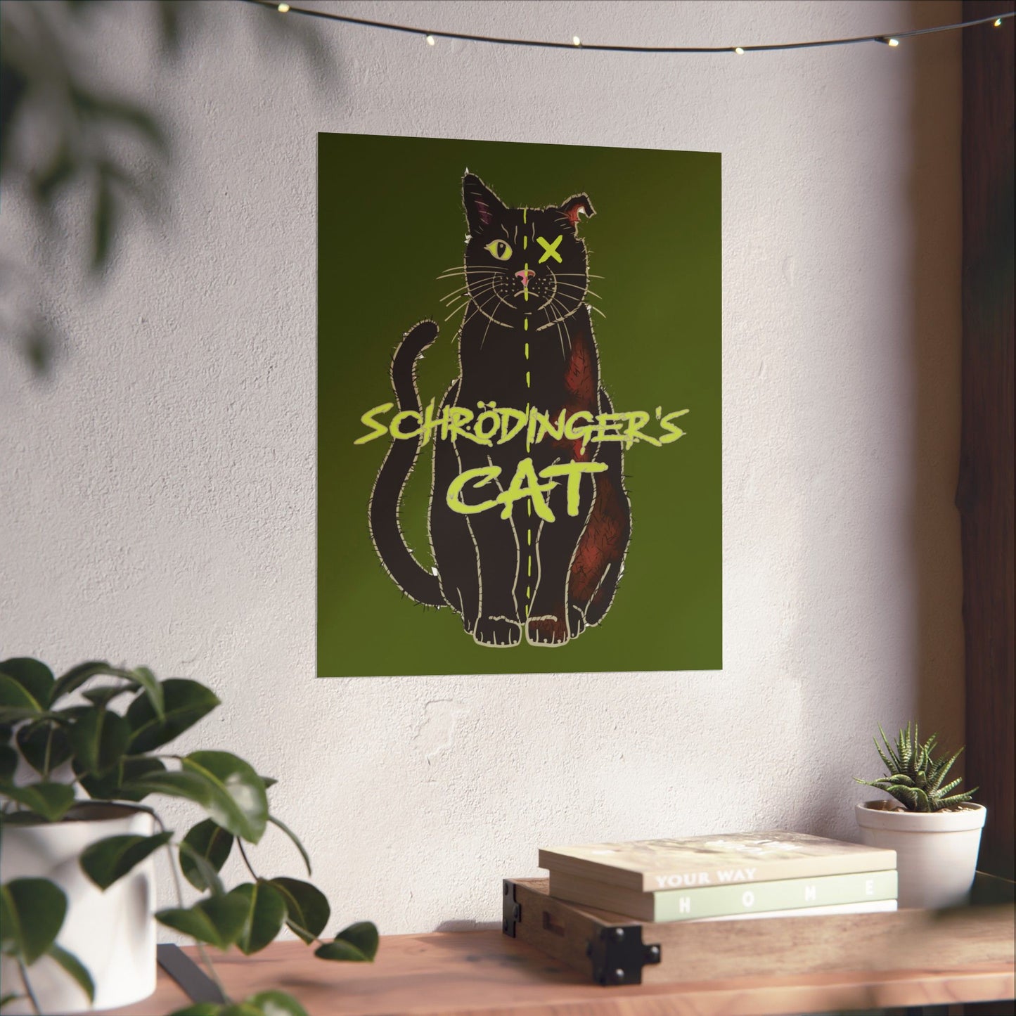 Schrodinger's Cat Art Print Poster, Green Physics Poster, Black Cat Wall Art