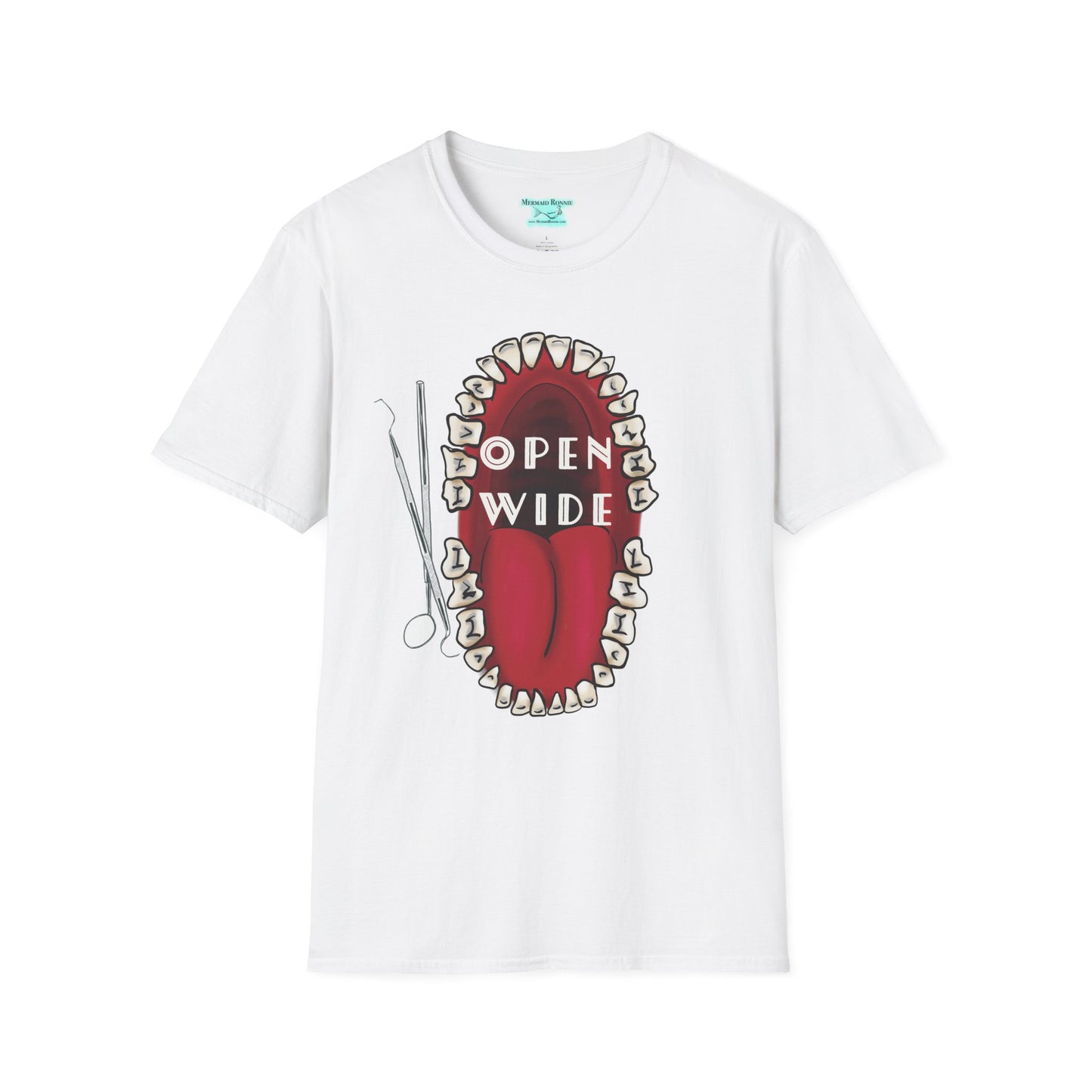 Dental Professional T-Shirt, Open Wide Design with Teeth and Dental Tools for Dentists and Dental Hygienists