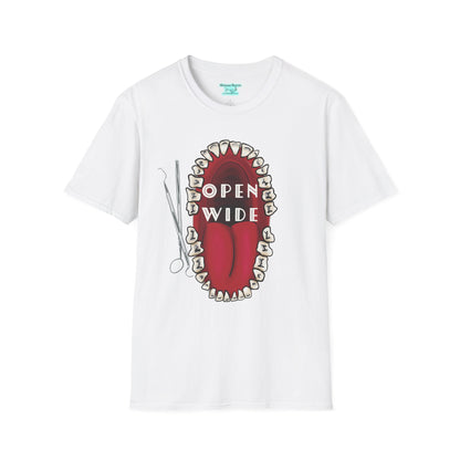Dental Professional T-Shirt, Open Wide Design with Teeth and Dental Tools for Dentists and Dental Hygienists