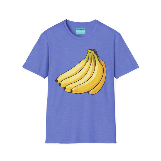 Cornflower blue t-shirt featuring an illustration of a bunch of bananas.