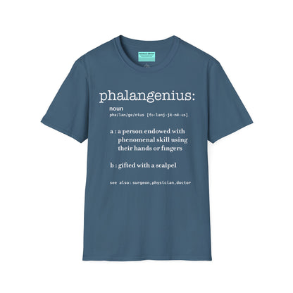 Indigo blue t-shirt featuring a dictionary-style definition of the term 'Phalangenius,' a humorous play on the terms 'phalange' and 'genius,' aimed at surgeons.