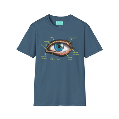 Indigo blue shirt featuring an anatomical diagram of an eye, with labeled parts of the eye displayed.