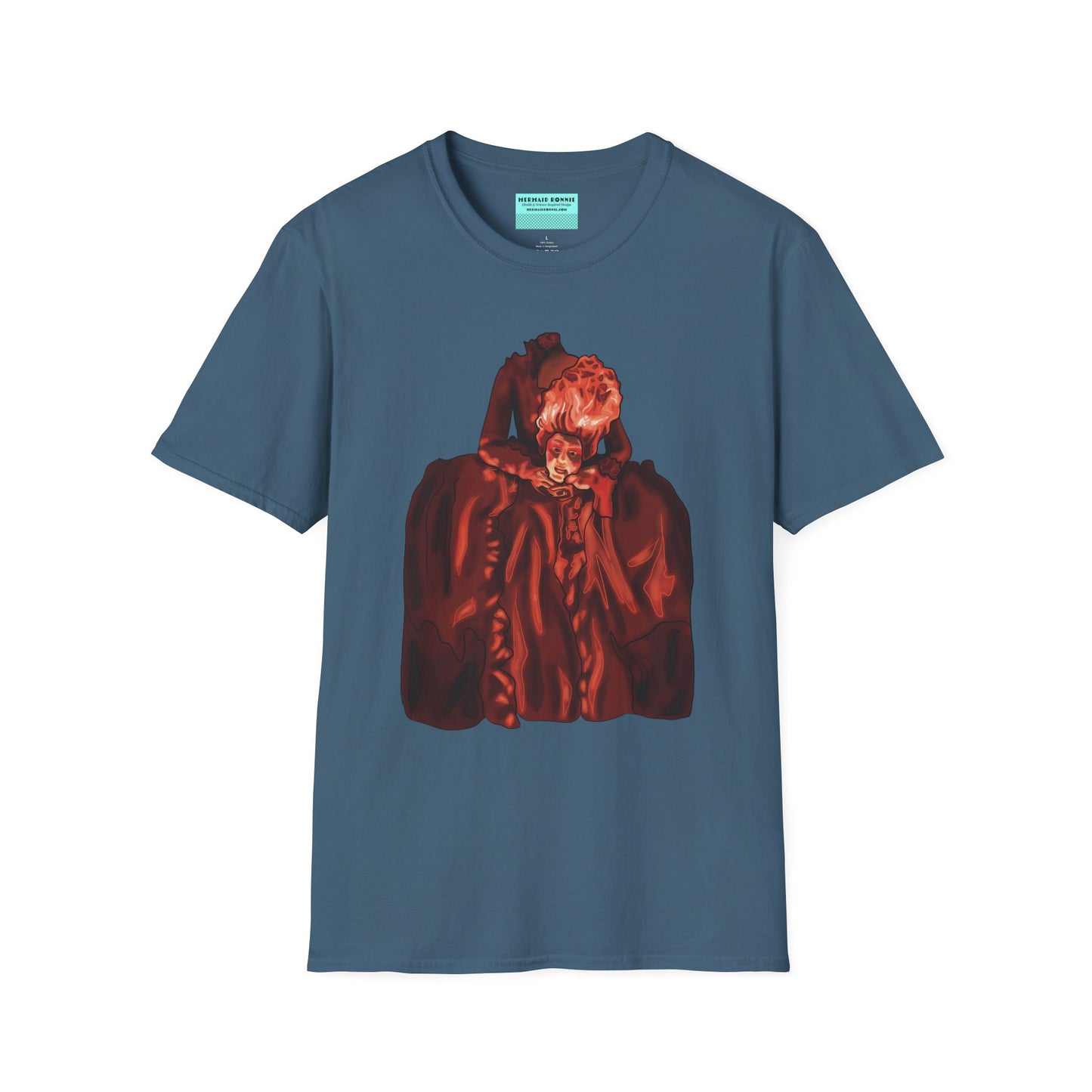 Indigo blue t-shirt featuring an illustration of a headless Marie Antoinette holding her own head in her hands.