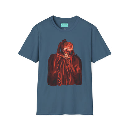Indigo blue t-shirt featuring an illustration of a headless Marie Antoinette holding her own head in her hands.