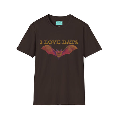 Brown t-shirt featuring an irresistibly adorable brown bat with outstretched wings across the chest and the text “I love bats” — perfect for anyone who’s batty about flying mammals.