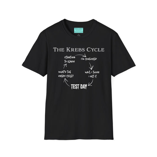 Black short-sleeve unisex t-shirt with the text “The Krebs Cycle” above a circular diagram that pokes fun at how impossible it is to memorize the citric acid cycle—because biochemistry builds character... and tears.