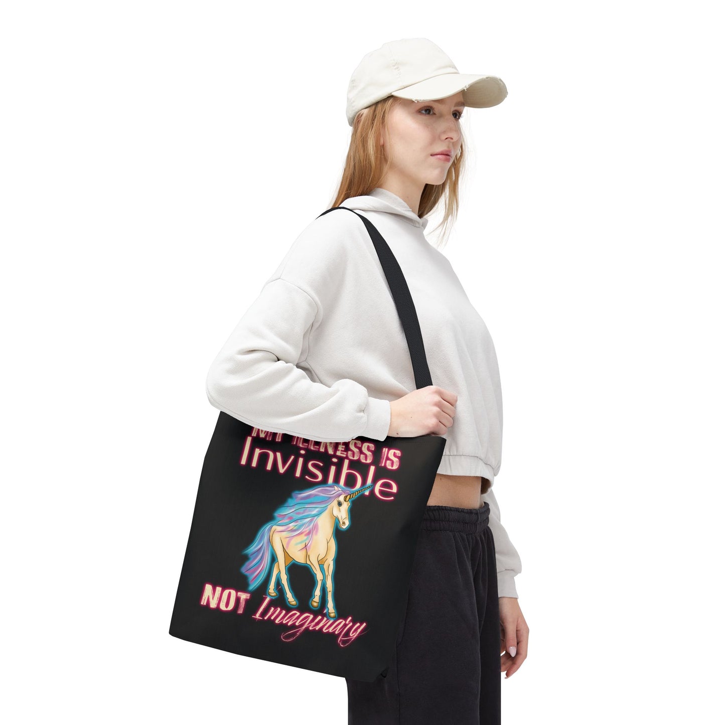 Invisible Illness Unicorn Tote Bag, Black Invisible Disability Canvas Reusable Bag