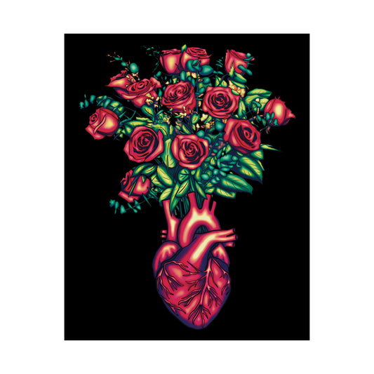 Anatomical Heart with Roses Art Print, Gothic Wall Decor Poster, Black and Red Floral Wall Poster