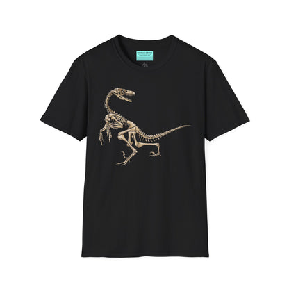 Black unisex short sleeve t-shirt with a fierce velociraptor skeleton strutting across the chest—because who says extinct can’t be stylish?