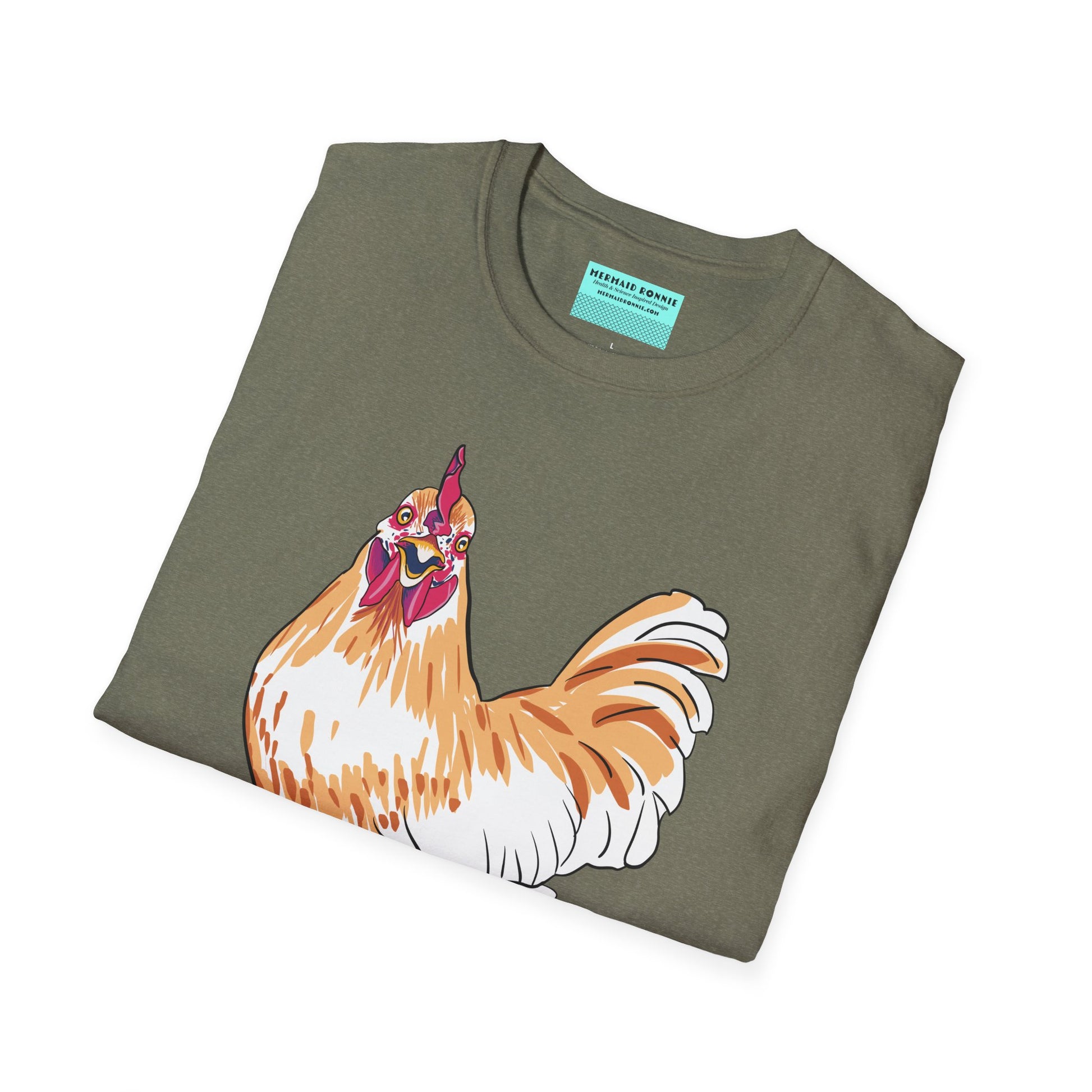 Folded green t-shirt featuring an illustration of a chicken.