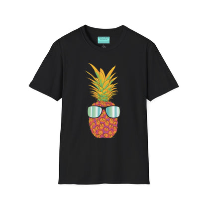 Black t-shirt featuring a drawing of a pineapple wearing sunglasses.