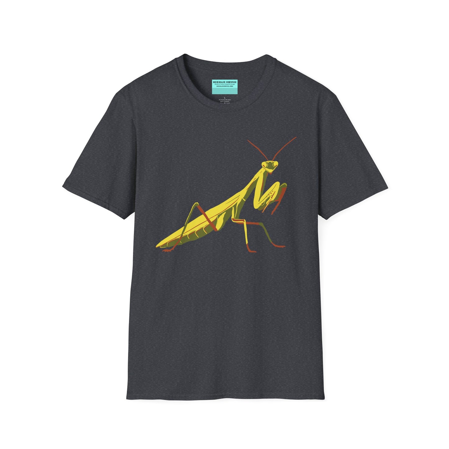 Dark grey t-shirt featuring an illustration of a green praying mantis on the front.