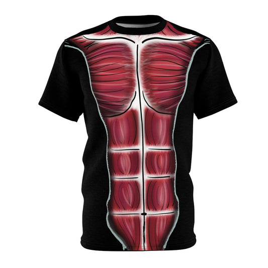 Anterior view of a unisex black athletic t-shirt featuring a clever graphic of a zippered hoodie peeled open to reveal detailed trunk musculature underneath—because who needs X-ray vision when your shirt does the flexing for you?