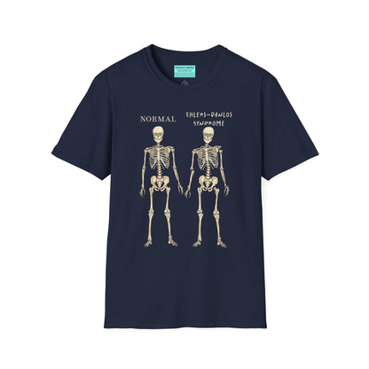 Navy unisex short sleeve t-shirt featuring two skeletons side by side—one labeled "normal," the other "Ehlers-Danlos Syndrome"—because connective tissue disorders deserve more visibility (and maybe a sense of humor, too).