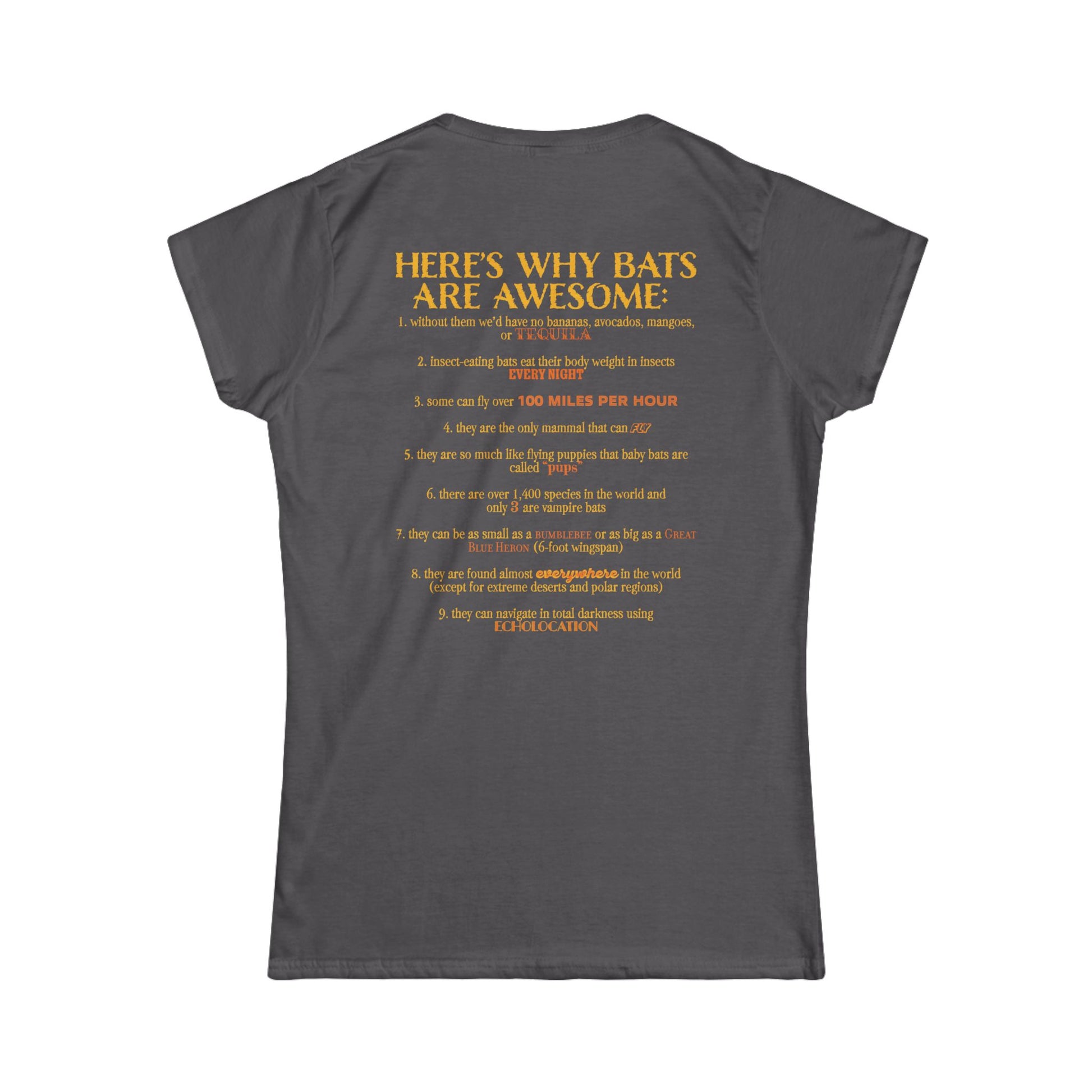 Back of a women’s t-shirt in charcoal grey, with the heading 'Here’s why bats are awesome' followed by a list of nine bat facts printed beneath it.