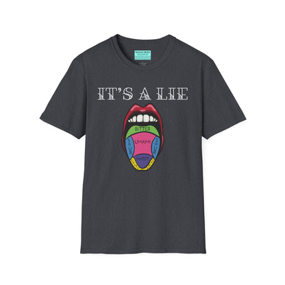 Dark grey short-sleeve unisex t-shirt featuring a classic tongue taste map with the words “It’s a lie” boldly above it—busting the myth that different parts of your tongue taste different things. Sweet, salty, sour, bitter? Taste buds don’t discriminate!