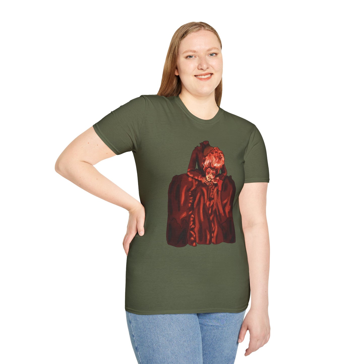 Woman wearing a green t-shirt featuring an illustration of a headless Marie Antoinette holding her own head in her hands.