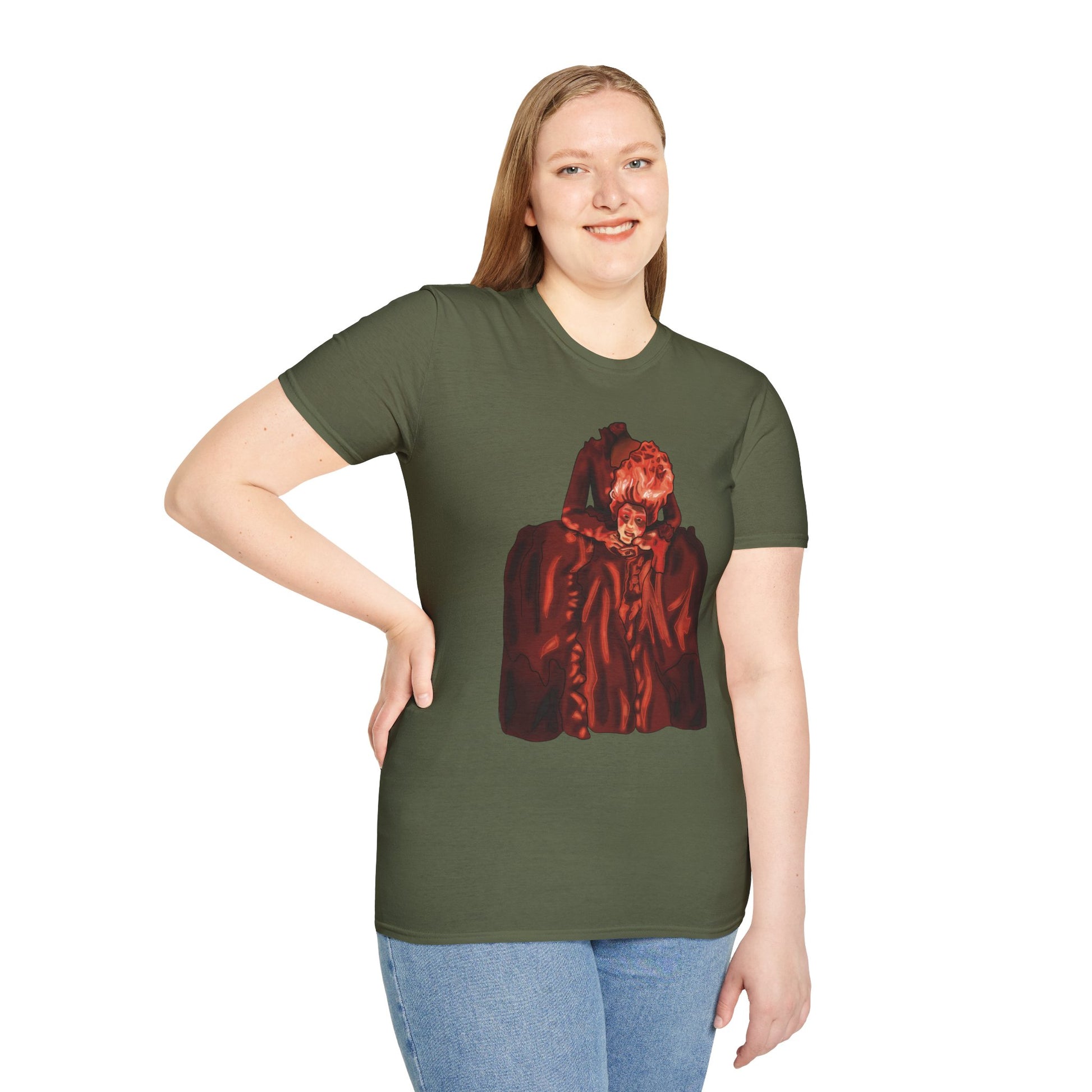Woman wearing a green t-shirt featuring an illustration of a headless Marie Antoinette holding her own head in her hands.