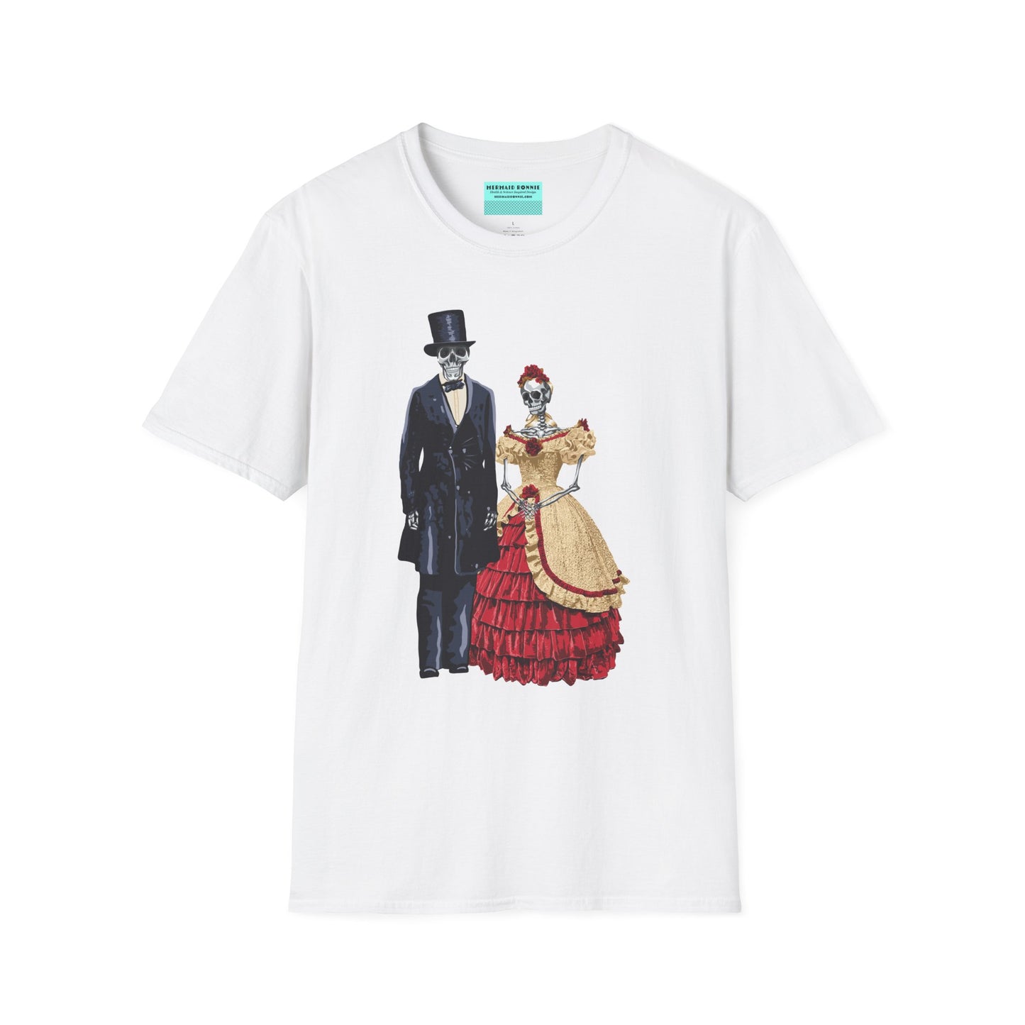 White t-shirt featuring skeletons dressed as Abraham and Mary Todd Lincoln, with the skeletons wearing period-specific clothing.