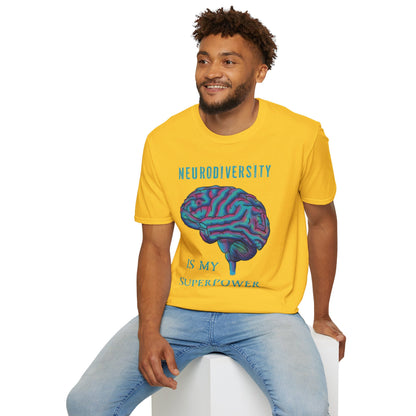 Man wearing a yellow t-shirt featuring an anatomical drawing of a brain, with the phrase 'Neurodiversity is my superpower' printed on it.