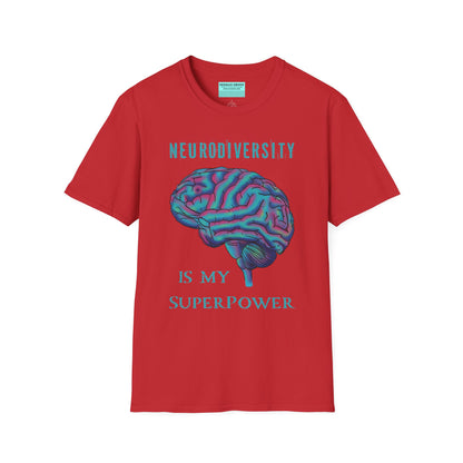 Red t-shirt featuring an anatomical drawing of a brain, with the phrase 'Neurodiversity is my superpower' printed on it.