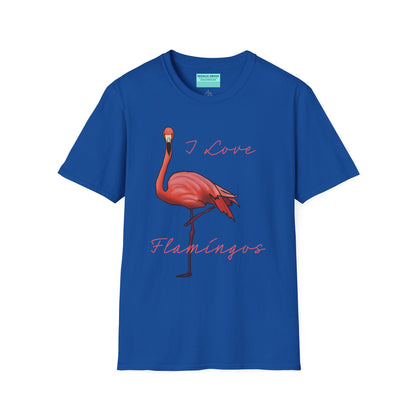 Royal blue unisex short-sleeve tee with a fabulously pink flamingo strutting its stuff and the words “I love flamingos” — for anyone whose spirit animal stands on one leg.