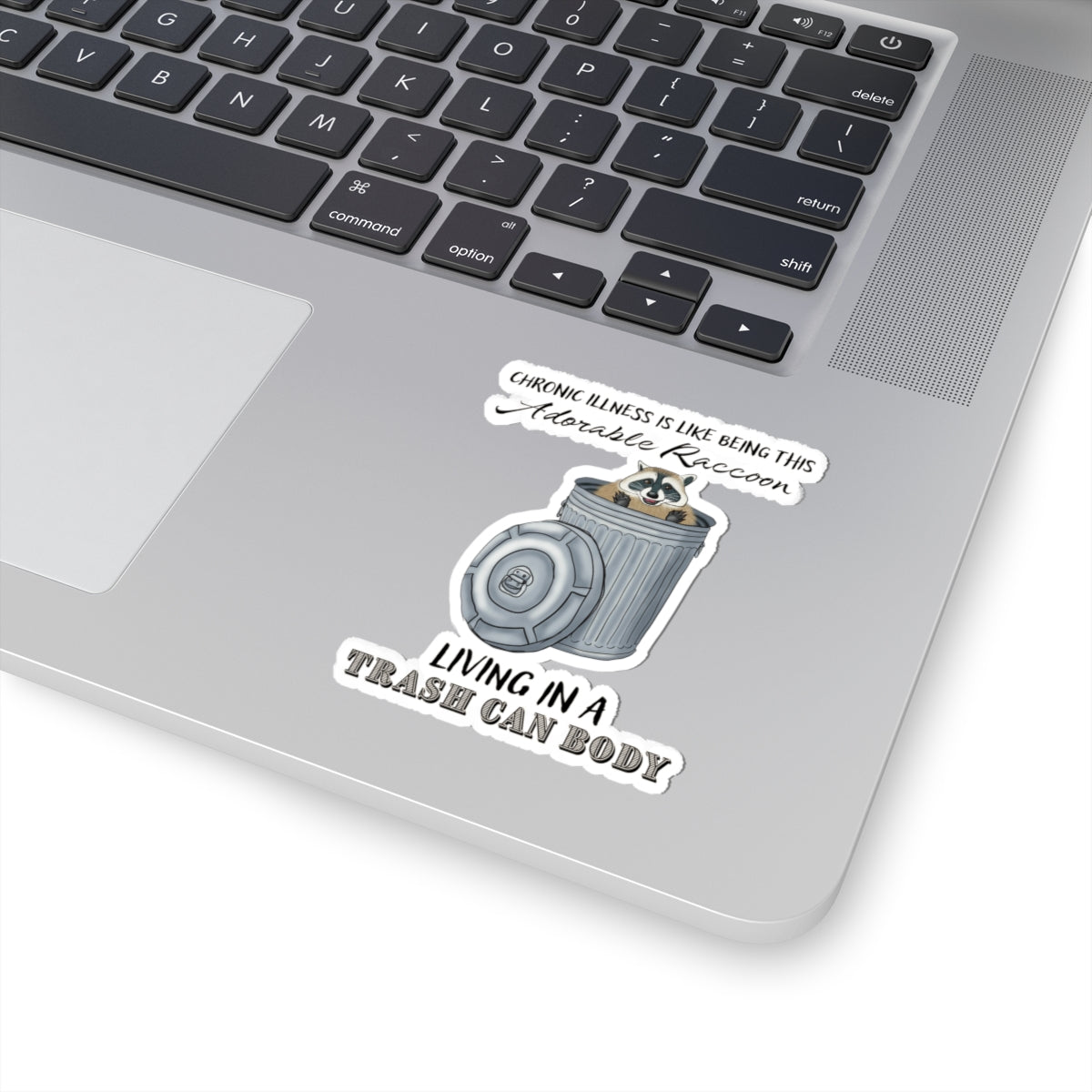 Small sticker on a computer with a drawing of a raccoon sitting in a metal trash can, accompanied by the text: 'chronic illness is like being this adorable raccoon living in a trash can body.'