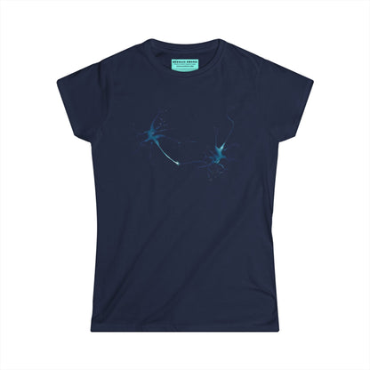 Women’s t-shirt in navy featuring an illustration of two multipolar neurons forming a synapse.
