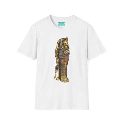 White t-shirt featuring an illustration of an Egyptian sarcophagus, with a mummy stepping out of it and glowing red eyes.