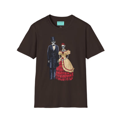 Brown t-shirt featuring skeletons dressed as Abraham and Mary Todd Lincoln, with the skeletons wearing period-specific clothing.