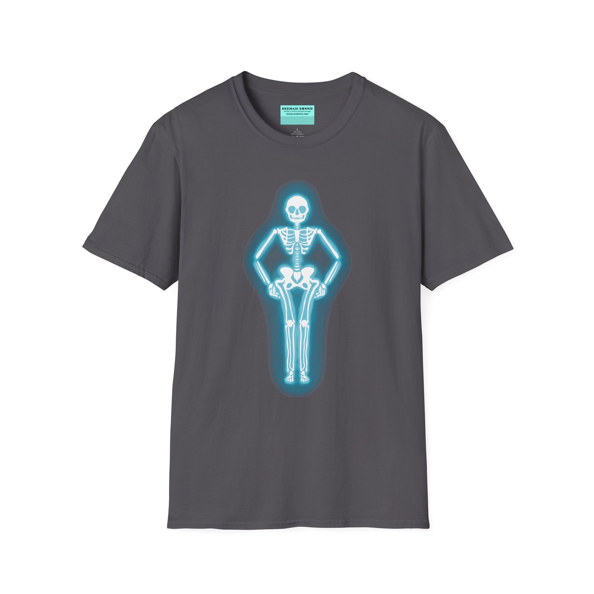 Dark grey t-shirt featuring an illustration of a glowing neon sign in the shape of a skeleton.
