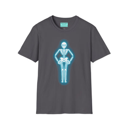 Dark grey t-shirt featuring an illustration of a glowing neon sign in the shape of a skeleton.