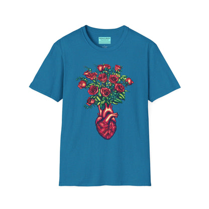 Tropical blue shirt featuring an illustration of an anatomical heart used as a vase, with a bouquet of roses emerging from it.