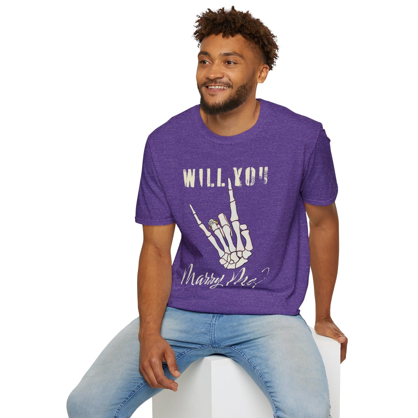 Will You Marry Me T-Shirt, Skeleton Rock and Roll Symbol, Unisex Wedding Proposal Tee