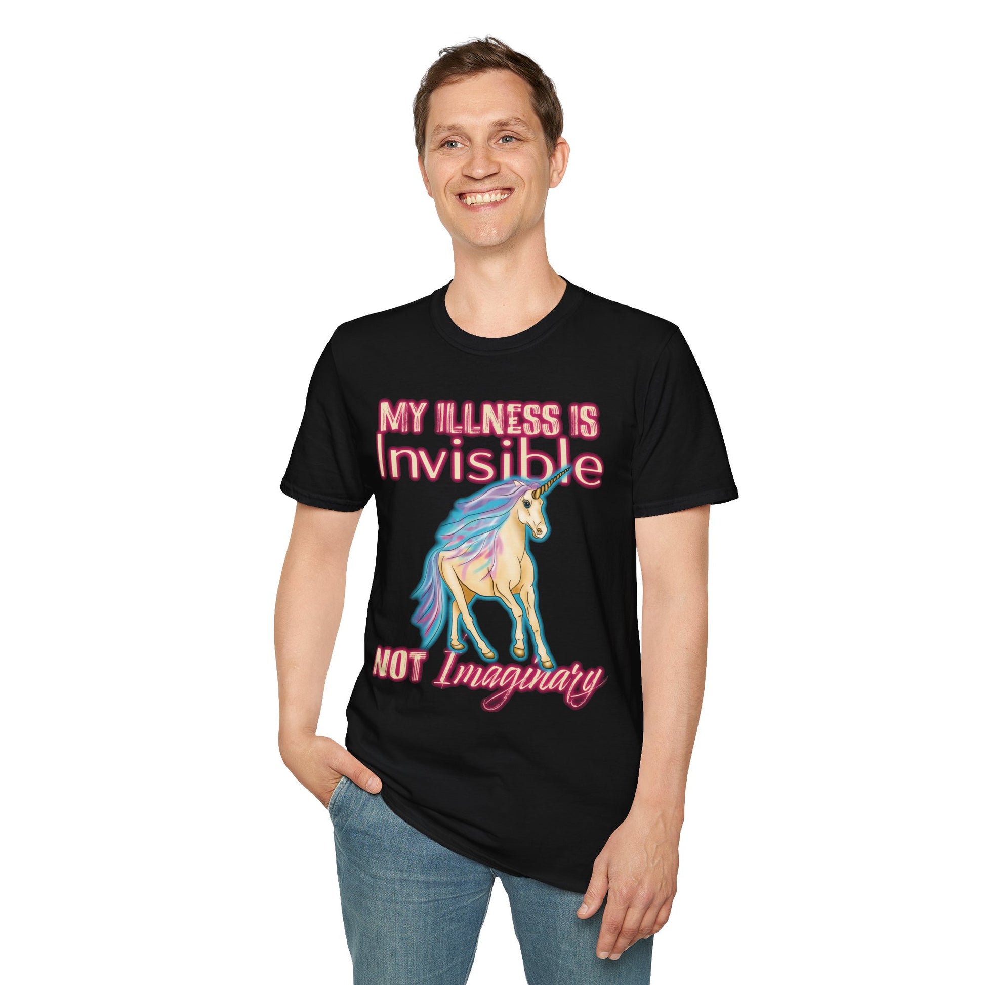 Man wearing a black shirt featuring a drawing of a unicorn and the phrase 'My illness is invisible not imaginary'.