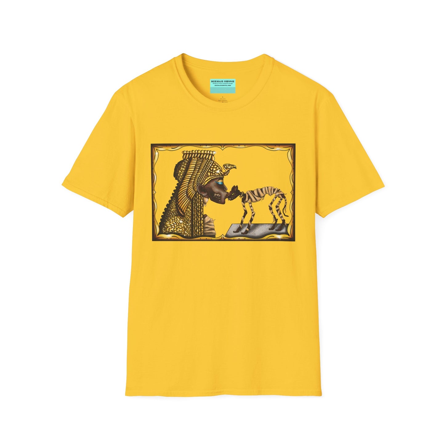 Yellow t-shirt featuring an illustration of Cleopatra mummy kissing a cat mummy.