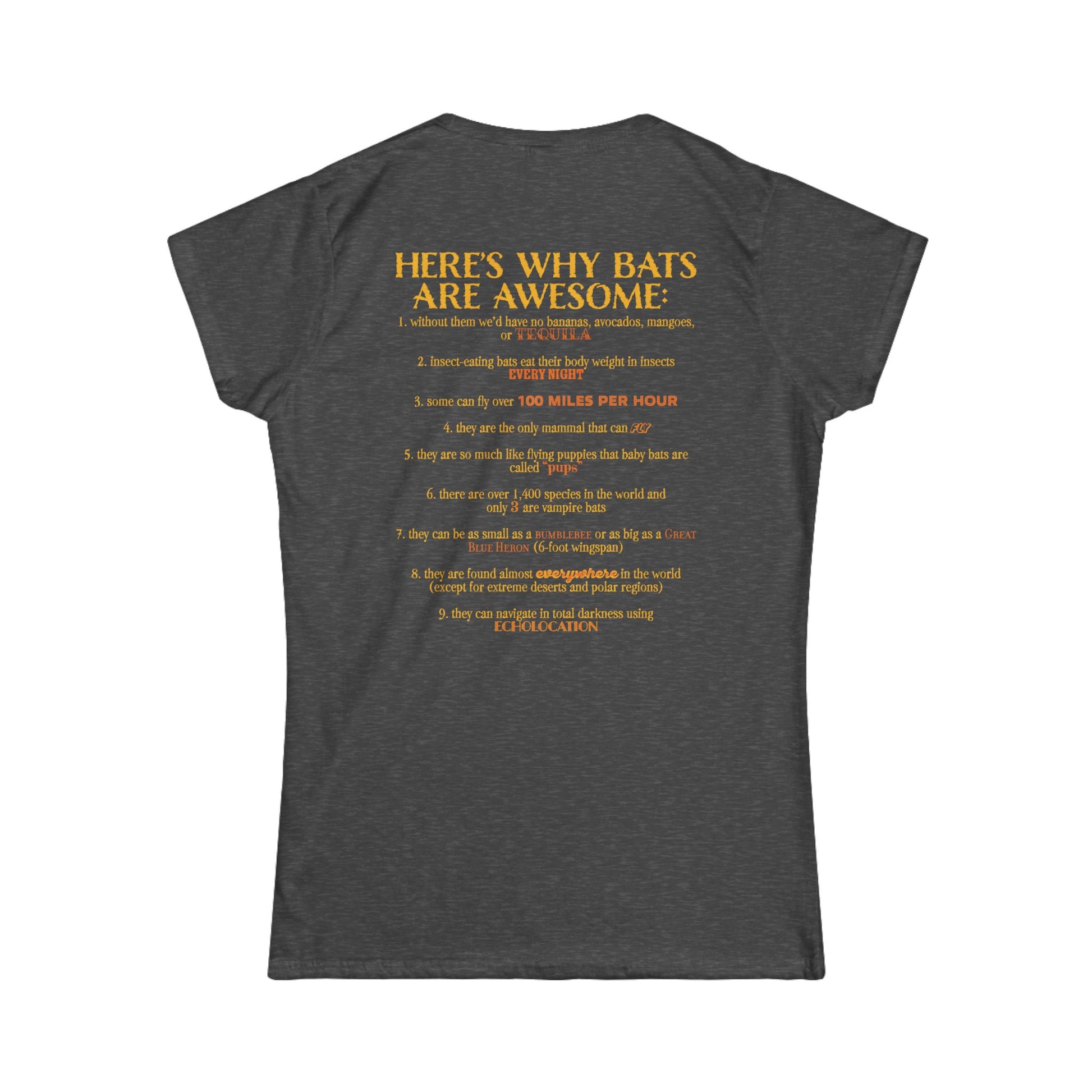 Back of a women’s t-shirt in dark grey, with the heading 'Here’s why bats are awesome' followed by a list of nine bat facts printed beneath it.