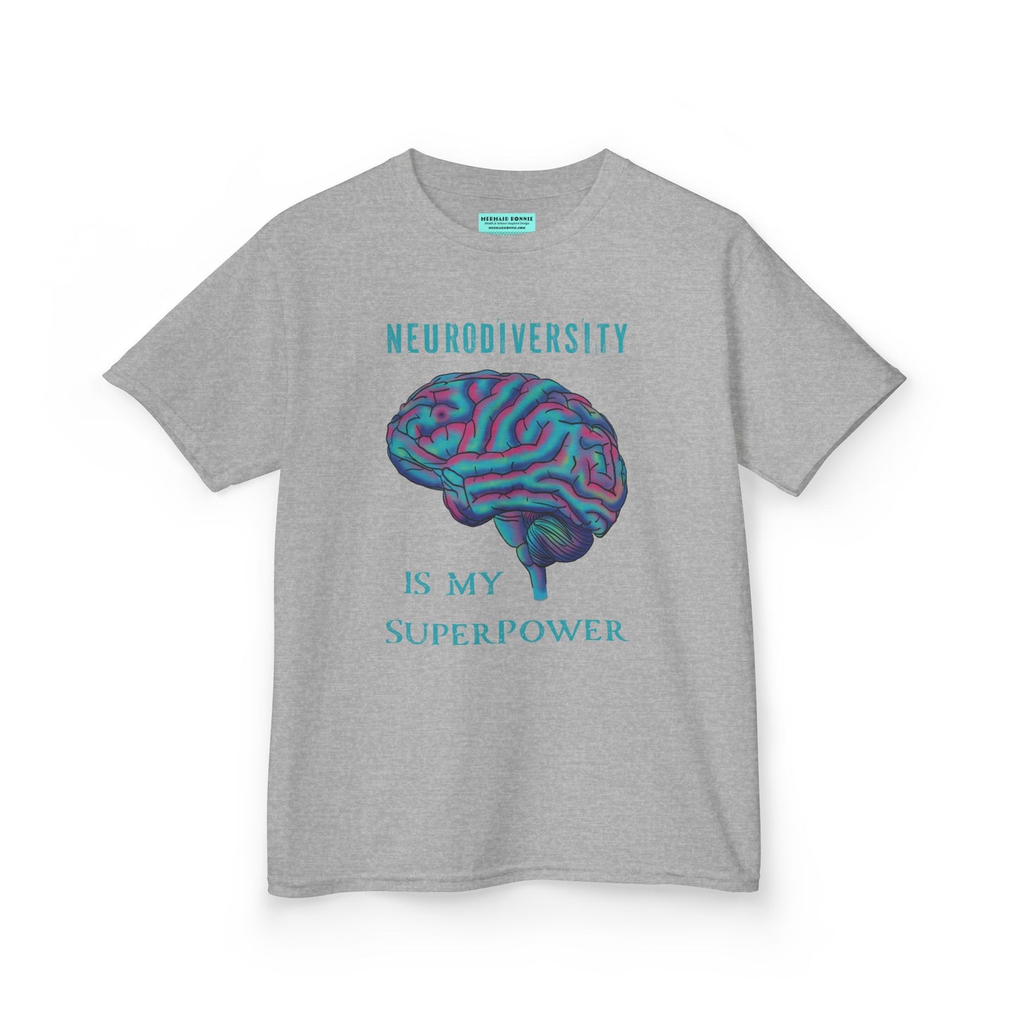 Grey unisex kids' t-shirt featuring a drawing of an anatomical brain and the text 'Neurodiversity is my superpower.'