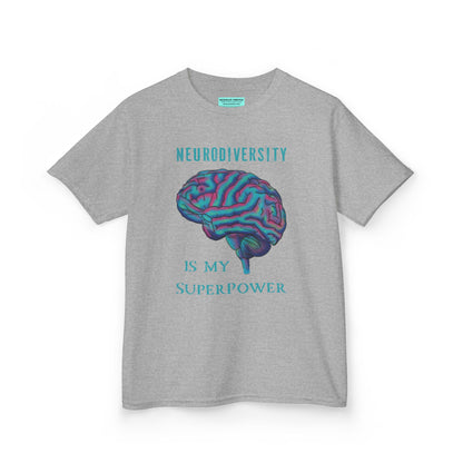 Grey unisex kids' t-shirt featuring a drawing of an anatomical brain and the text 'Neurodiversity is my superpower.'