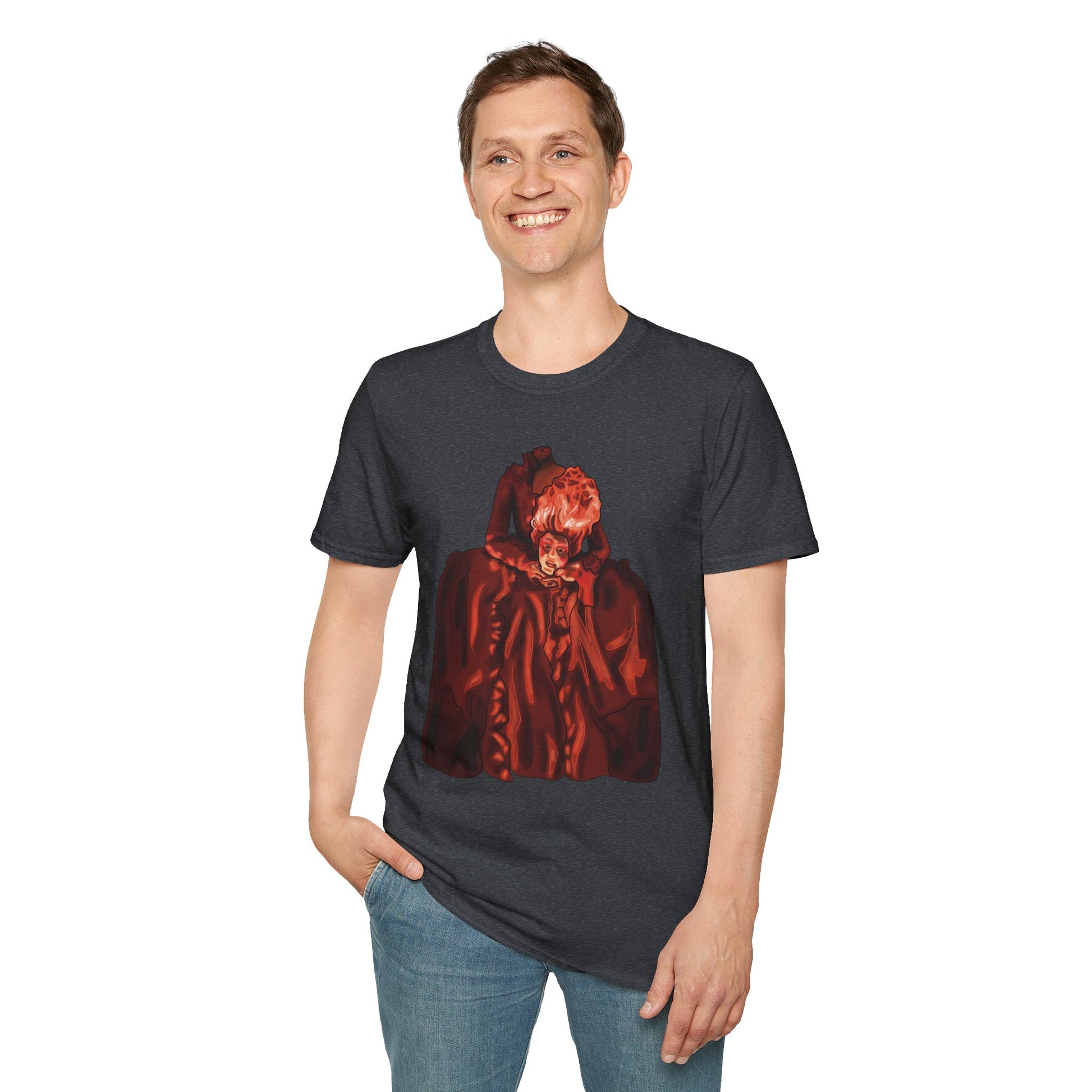 Man wearing a dark grey t-shirt featuring an illustration of a headless Marie Antoinette holding her own head in her hands.