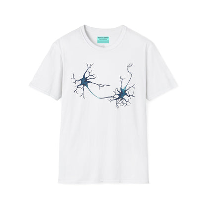 White t-shirt featuring an illustration of two blue neurons extending toward each other and forming a synapse across the front.