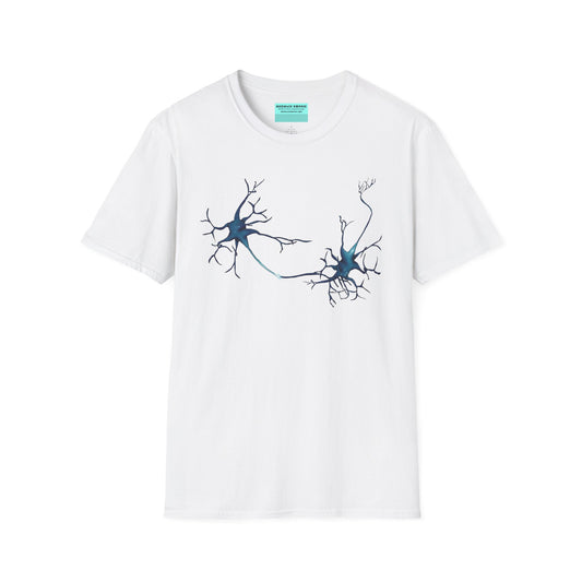 White t-shirt featuring an illustration of two blue neurons extending toward each other and forming a synapse across the front.