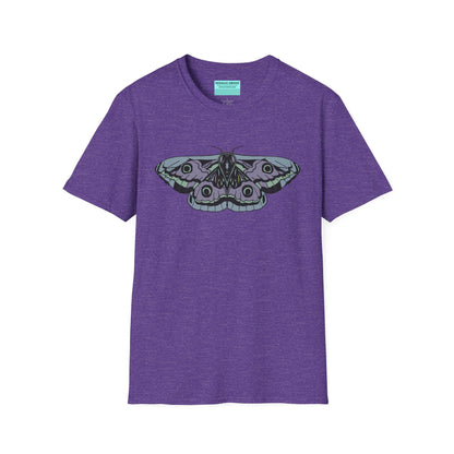 Purple t-shirt featuring a drawing of a blue and purple moth.