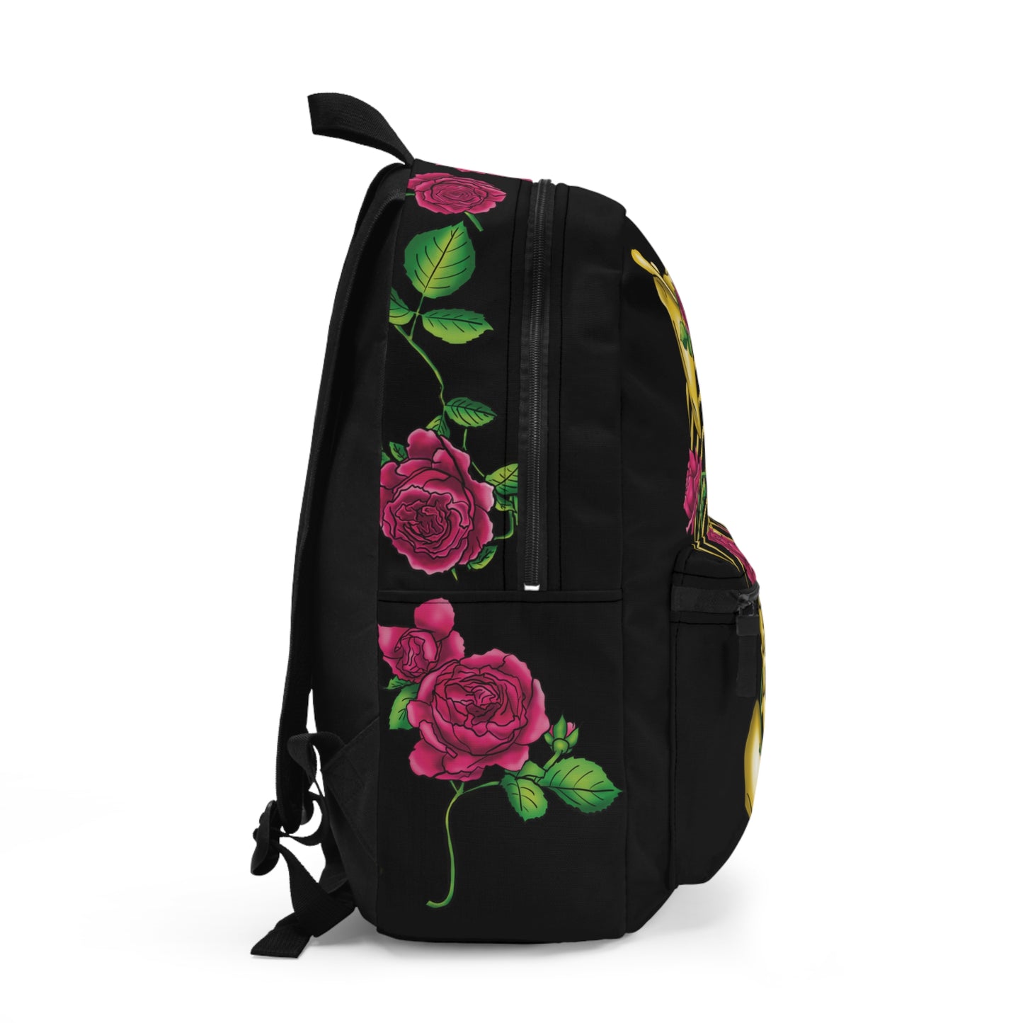 Gothic Skeleton Backpack, Gold Skeleton With Pink Roses, Black Book Bag, Anatomy Backpack