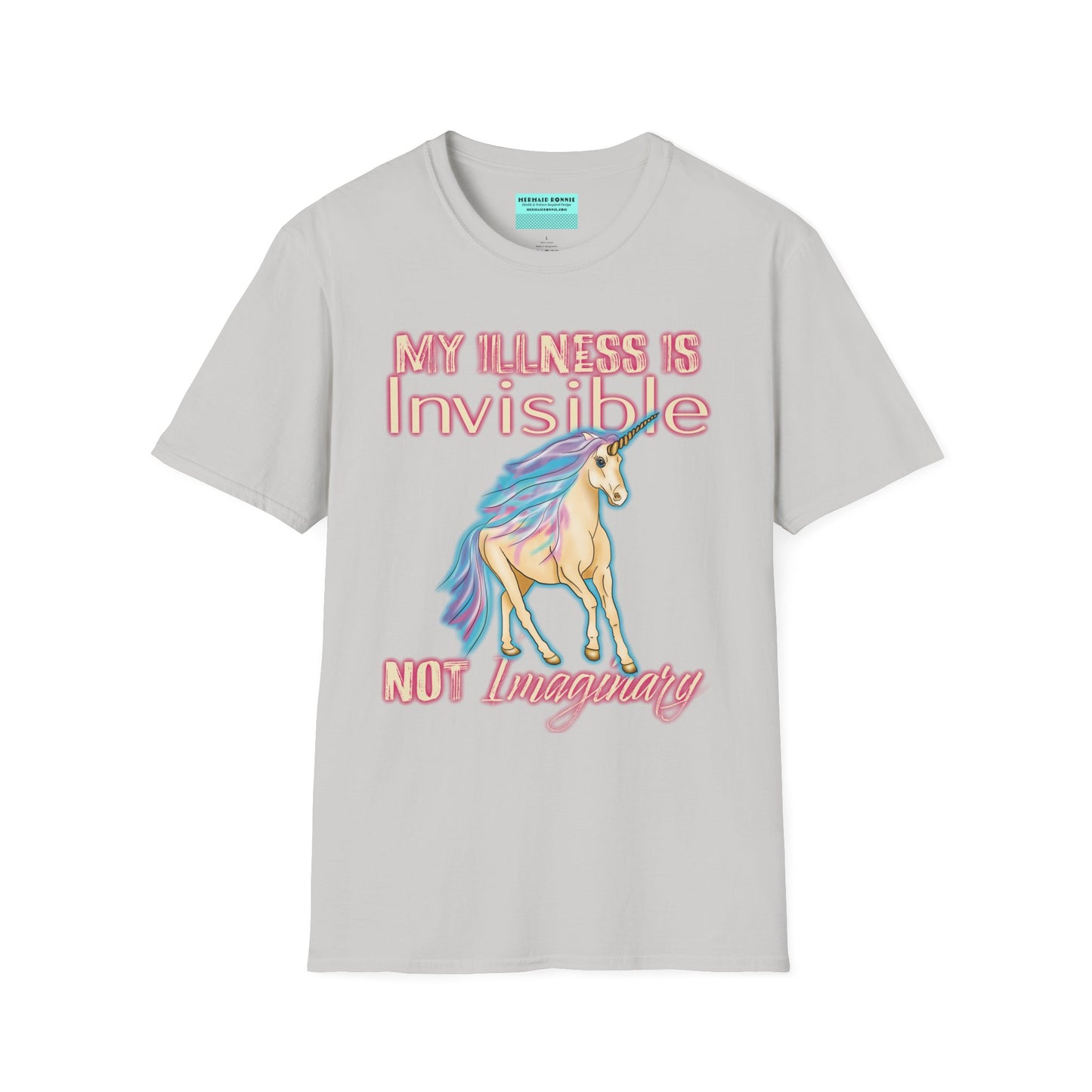 Grey shirt featuring a drawing of a unicorn and the phrase 'My illness is invisible not imaginary'.