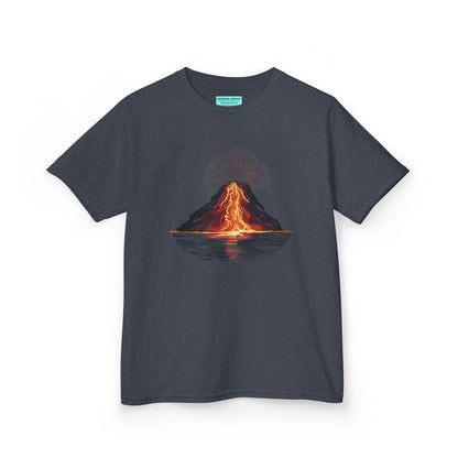 A heather navy kid's t-shirt featuring a fiery illustration of an erupting volcano—because even the most explosive adventures start with a great outfit!