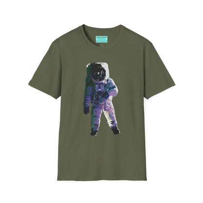 Military green t-shirt featuring a drawing of an astronaut in a space suit.