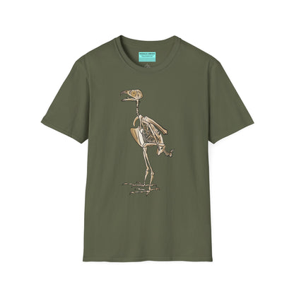 Military green unisex short sleeve t-shirt featuring a peregrine falcon skeleton—proof that even the fastest creature on Earth looks cool in x-ray vision.