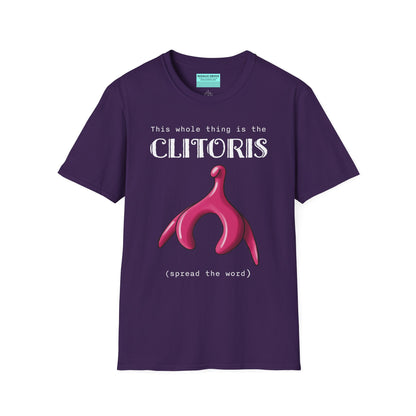 Purple t-shirt with an illustration of the clitoris and white text that reads 'this whole thing is the clitoris. spread the word’.