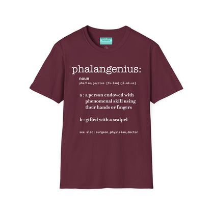 Burgundy t-shirt featuring a dictionary-style definition of the term 'Phalangenius,' a humorous play on the terms 'phalange' and 'genius,' aimed at surgeons.